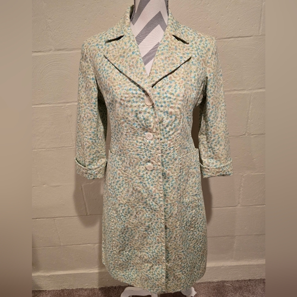 VINTAGE Express Floral Trench Lime Green/Blue Notched Collar 3/4 Sleeve Pockets. - Picture 2 of 16